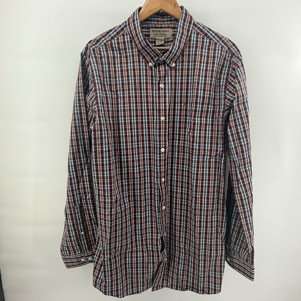 Duluth Trading Co Wrinklefighter Shirt Mens XL Tall Slim Fit Plaid Button Down
